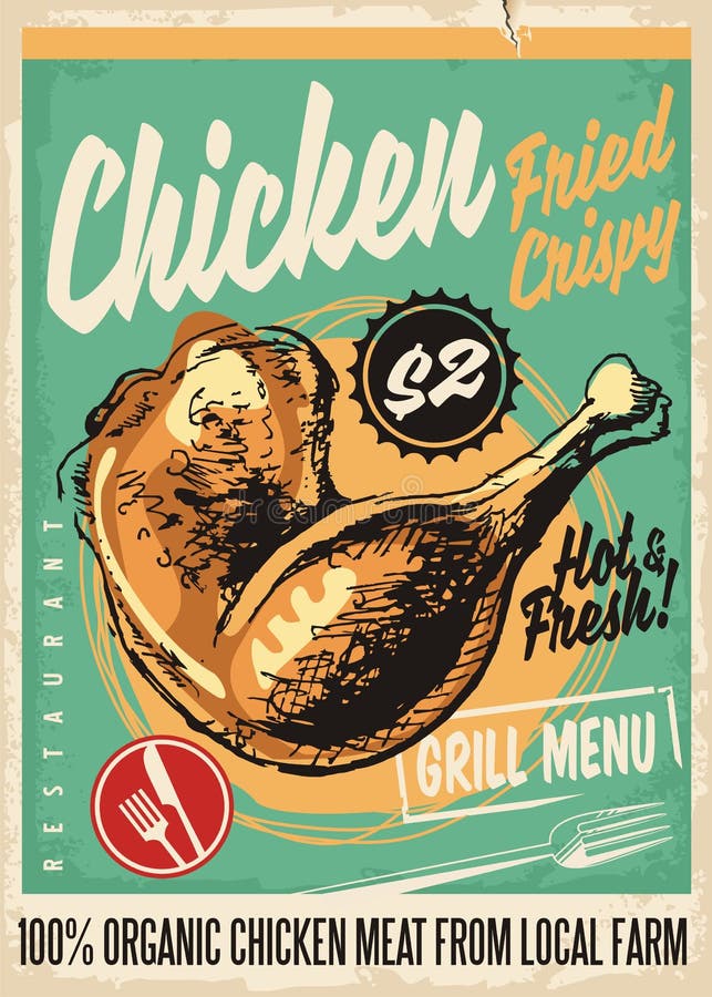 Diseño retro curruscante del menú del restaurante de las piernas de pollo frito stock de ilustración