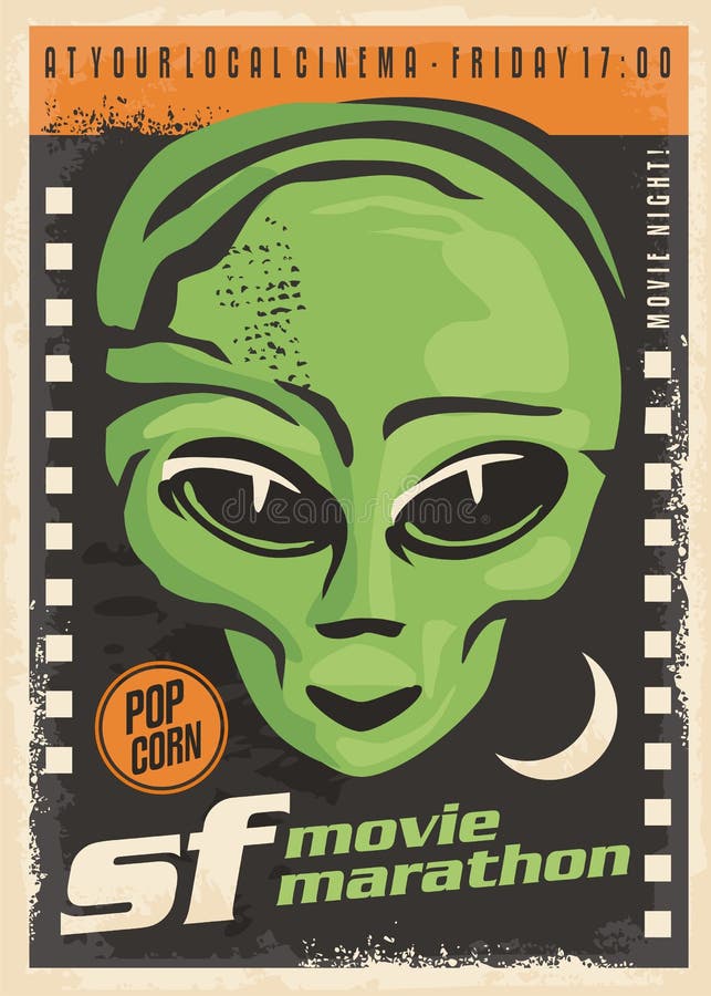 Diseño retro del cartel de la noche de película de la ciencia ficción stock de ilustración Diseño retro del cartel de la noche de película de la ciencia ficción stock de ilustración