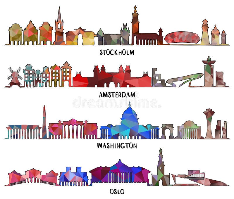 Diseño triangular Estocolmo, Amsterdam, Washington, Oslo stock de ilustración Diseño triangular Estocolmo, Amsterdam, Washington, Oslo stock de ilustración