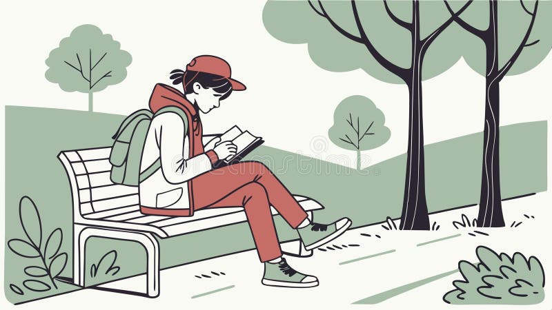 Persona leyendo en un banco del parque al aire libre, estudio, naturaleza, diseño vectorial, IA Generativa ilustración del vector