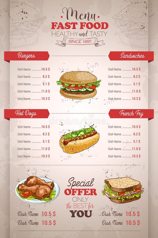 Diseño vertical de dibujo del menú de los alimentos de preparación rápida del color ilustración del vector Diseño vertical de dibujo del menú de los alimentos de preparación rápida del color ilustración del vector