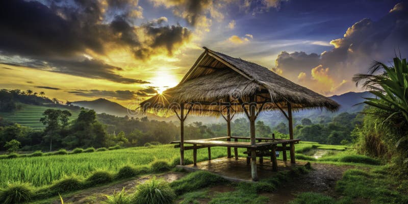 Disfrute de la belleza rural y descubra un refugio tradicional de bambú en un paraíso para el ecoturismo libre illustration