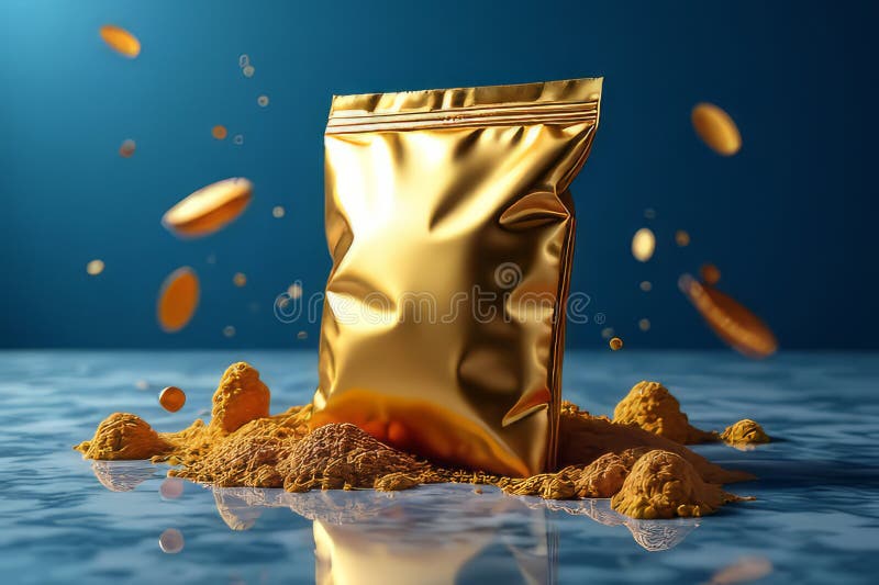 Disfrute de una exquisita mezcla de oro y delicias con una especia o un aperitivo de primera calidad en una bolsa de lujosa crema ilustración del vector