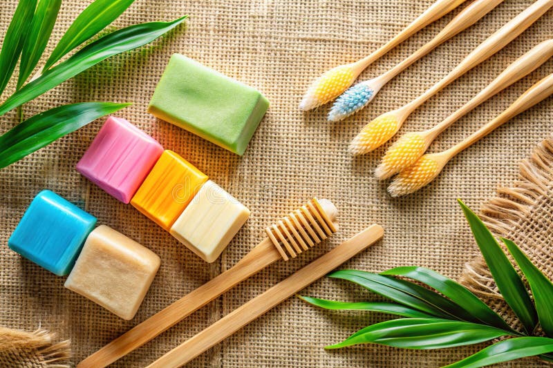 Disfrute de una rutina de baño sostenible y lujosa con todos los cepillos de dientes de bambú y jabones naturales stock de ilustración