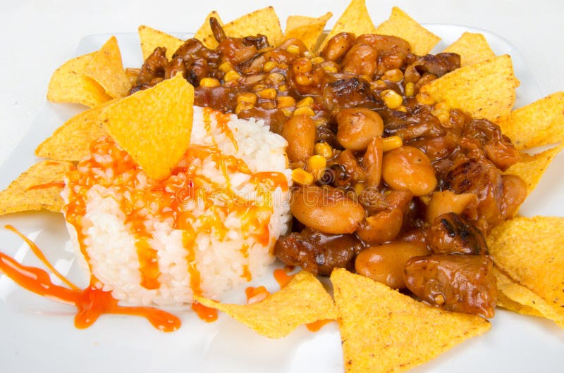 Dish of Chips, Beans, Corn and Rice. Stock Image Image of flavorful