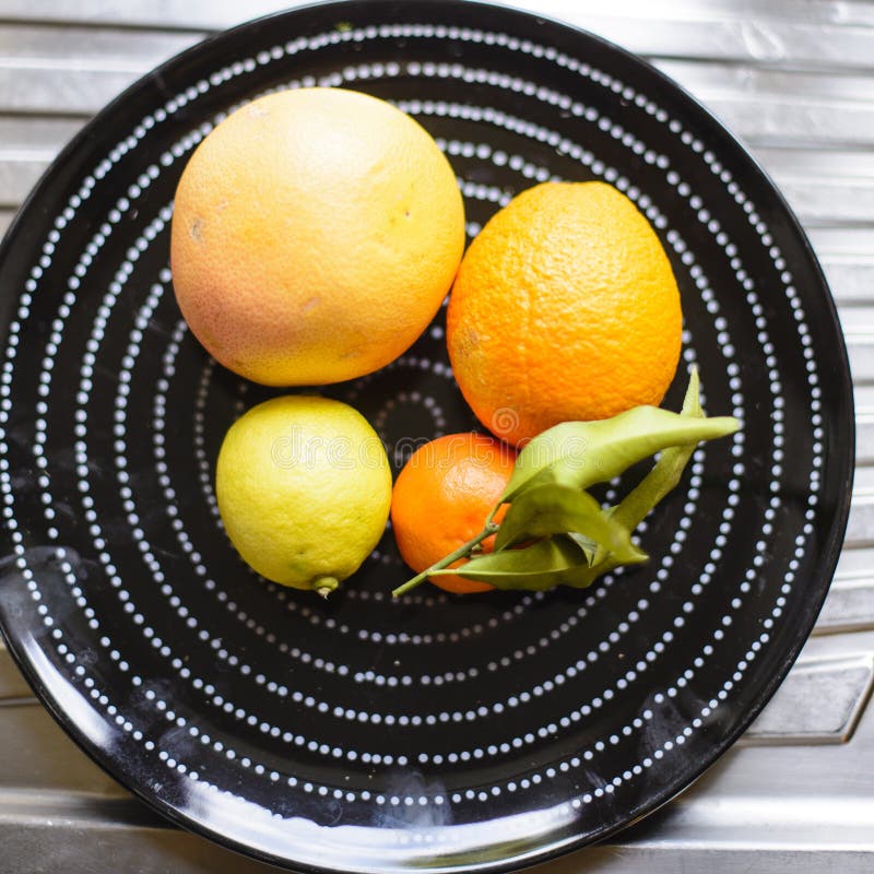 Dish with citrus fruits stock photo. Image of group 107747728