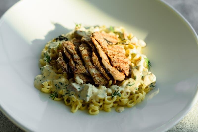 Dish with meat pieces, pasta, greens and sauce from a foie gras royalty free stock images Dish with meat pieces, pasta, greens and sauce from a foie gras royalty free stock images