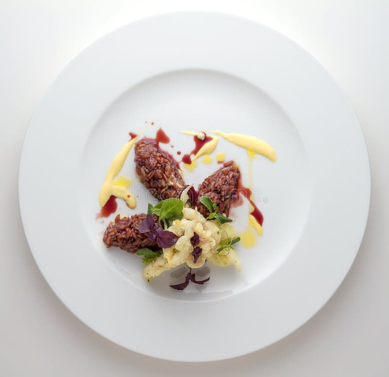 Dish with Quenelle of Red Rice, Fish Tempura and Sprouts Stock Photo