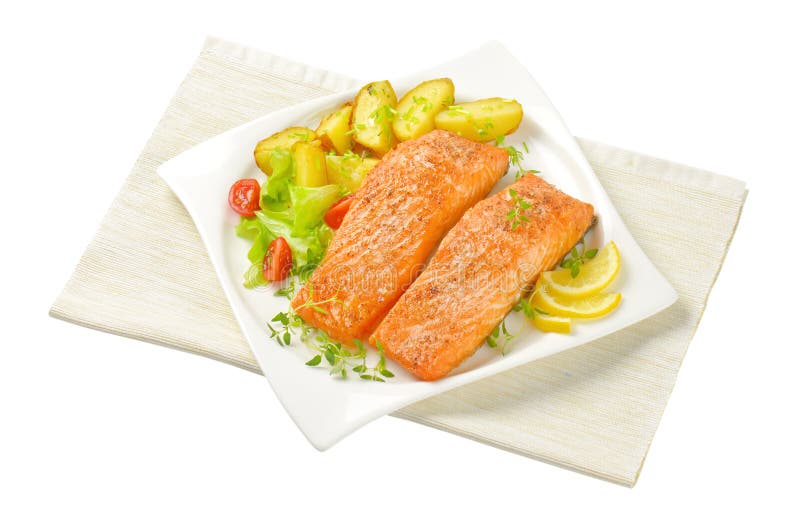 Dish of Salmon Fillets with Roasted Potatoes Stock Photo Image of