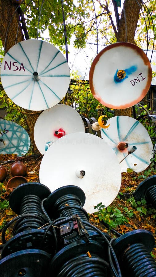 Dish Satellite Collection Painted in Yard Stock Photo Image of sitting, satellites 128064206