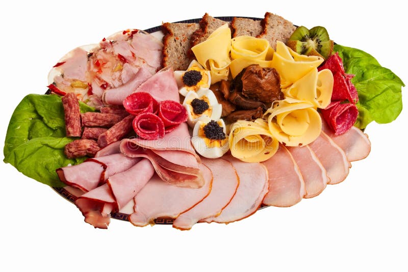 Dish with sliced ham, cheese.