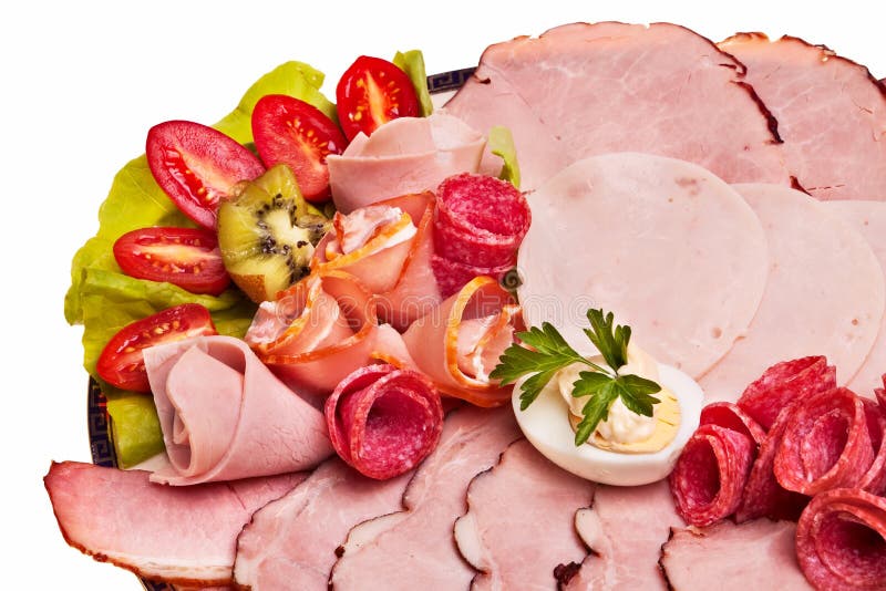 Dish with sliced smoked ham.