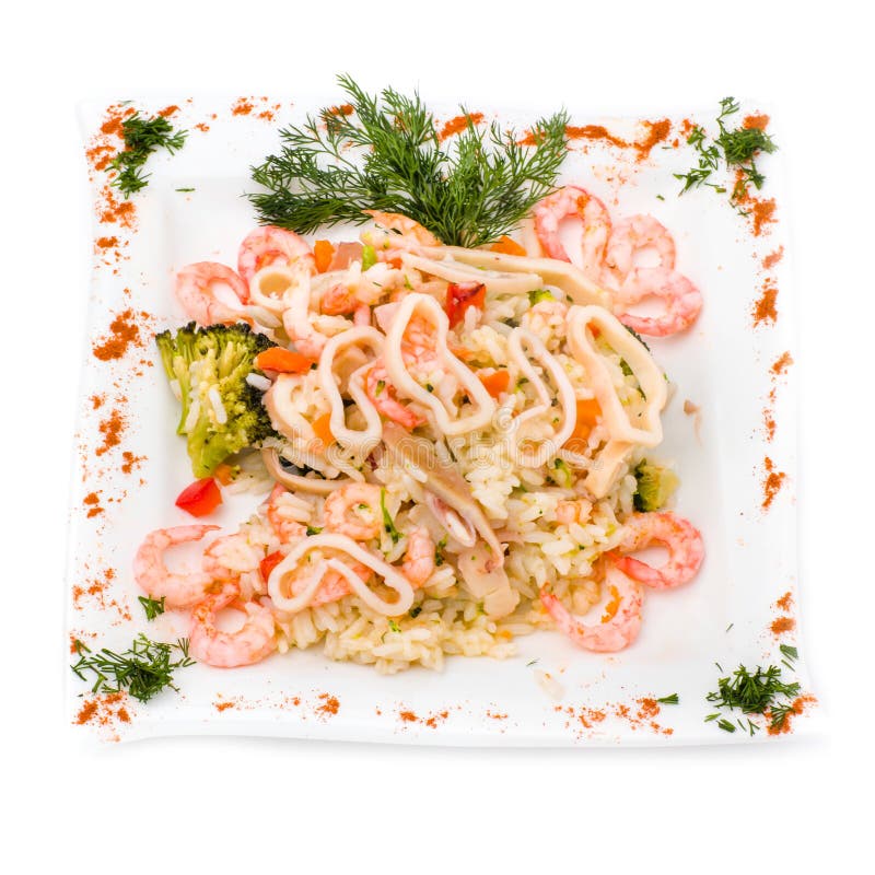 Dish with Squid, Shrimp, Rice and Vegetables Stock Image - Image of