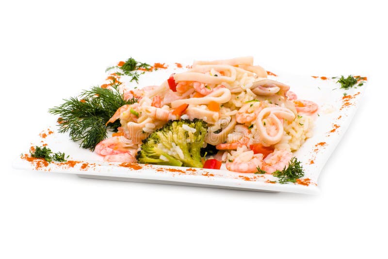 Dish with Squid, Shrimp, Rice and Vegetables Stock Image - Image of