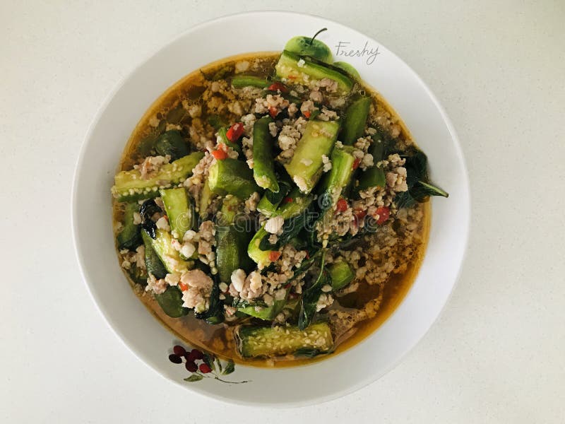 Stir Fried Eggplant with Minced Pork in Thailand. Stock Photo - Image