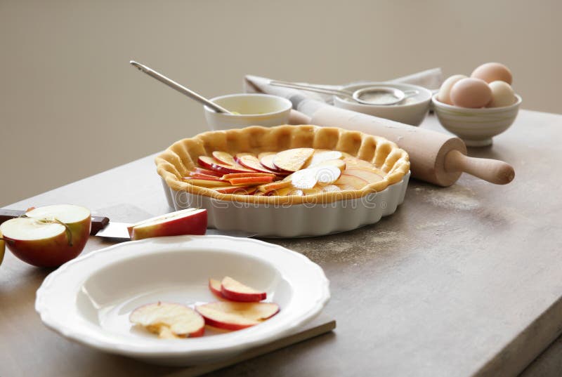Dish with Uncooked Apple Pie on Table Stock Image Image of slices