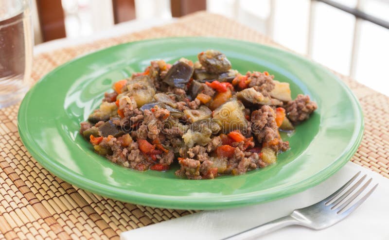 Dish Of Vegetable Stew Stewed Eggplant Minced Meat Carrots Peppers dish-of-vegetable-stew-stewed-eggplant-minced-meat-carrots-peppers