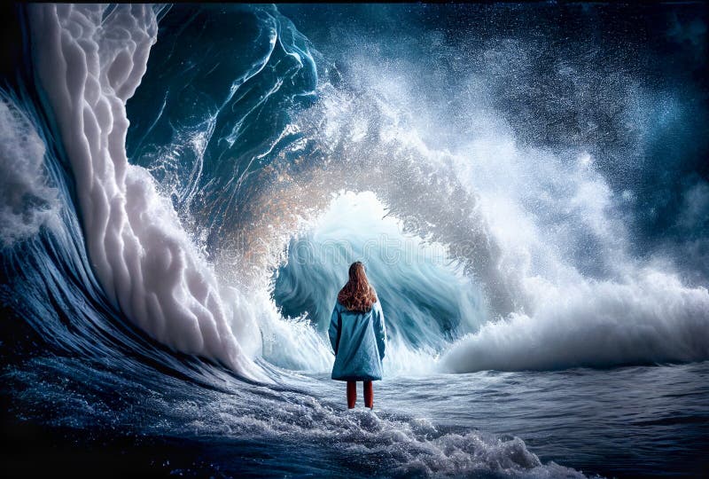 Endangered Woman Standing in the Midst of Turbulent Crashing Waves. Feeling of Overwhelming Demands - Generative AI