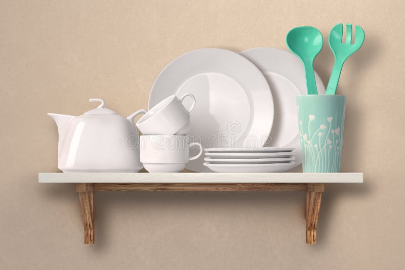 Dishes on a wooden shelf royalty free stock photography Dishes on a wooden shelf royalty free stock photography