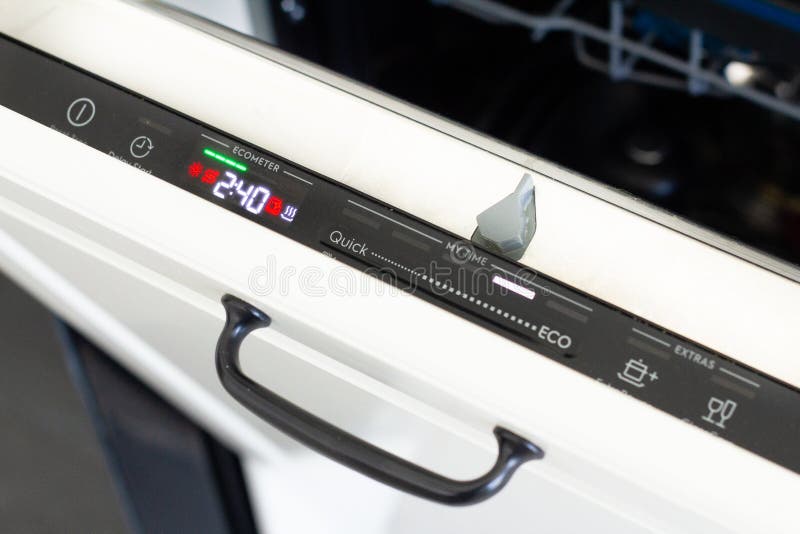 Dishwasher Control Panel. Open Door of Builtin Dishwasher Close Up