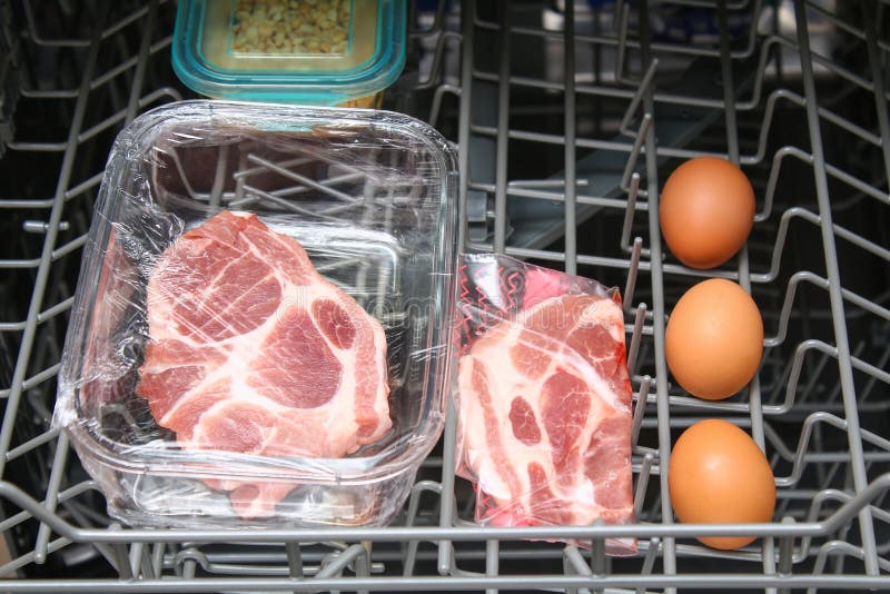 Dishwasher Cooking. Cooking Meat, Eggs, Fish, Vegetables at Low