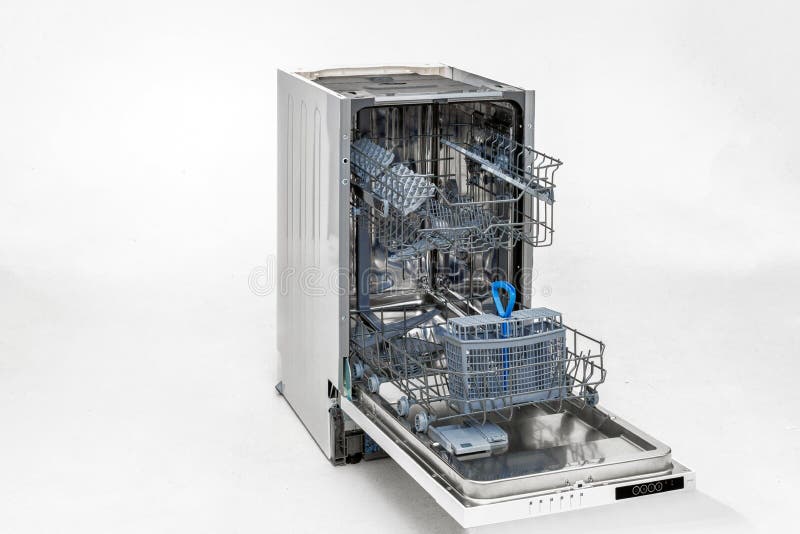 Dishwasher with Electronic Control, Open Door, Racks and Container. the
