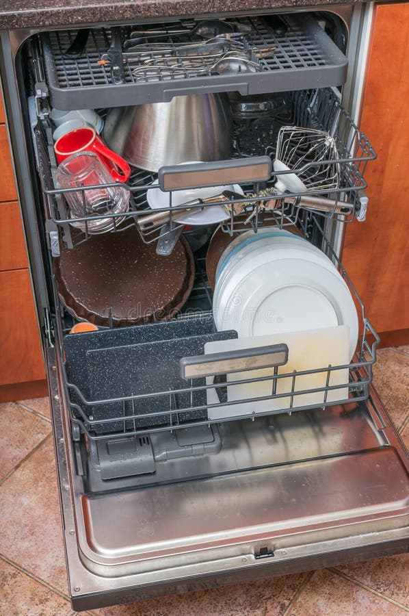 Dishwasher in Kitchen Full with Dirty Dishes Stock Photo Image of
