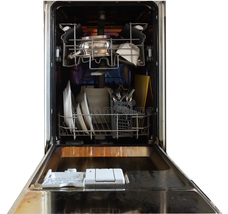 Dishwasher With Open Door. Internal Shelves Of Dishwasher For