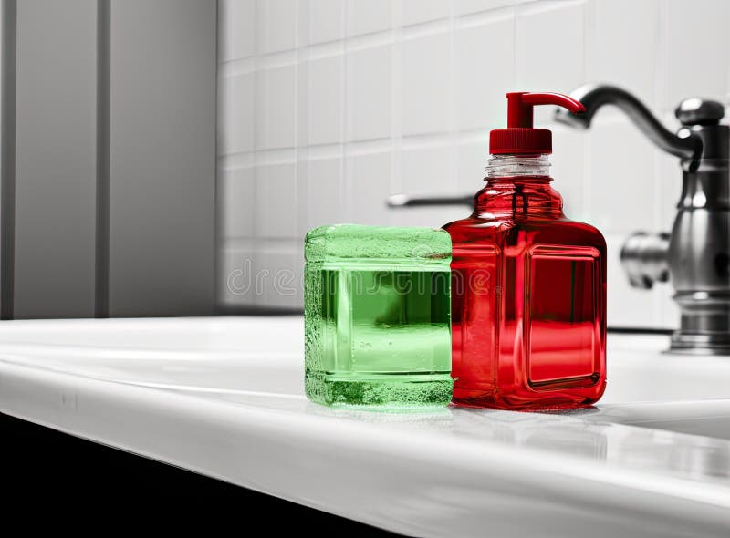 Dishwashing Liquid Bottle on Kitchen Sink and Clean Plates Background