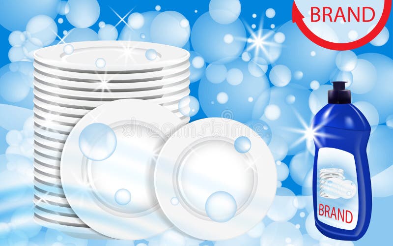 Dishwashing Liquid Products with Plates Stack. Bottle Label Design