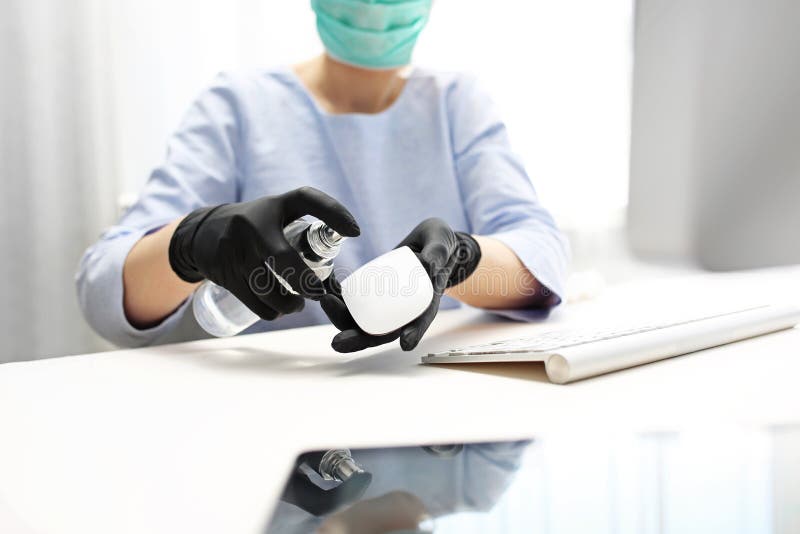 Computer disinfection. Health protection and prevention. stock photos Computer disinfection. Health protection and prevention. stock photos