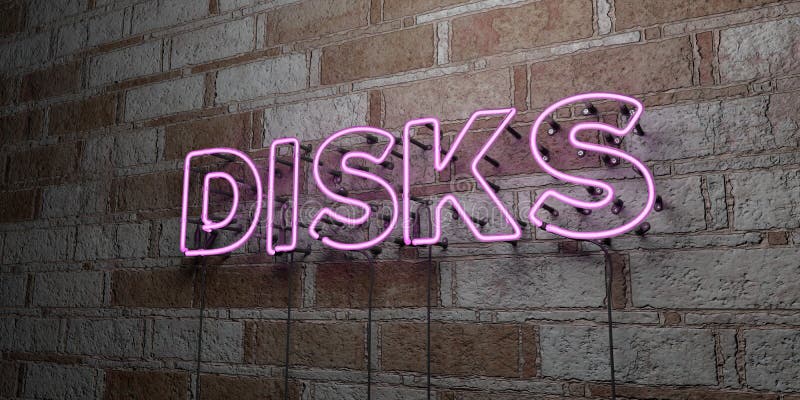DISKS - Glowing Neon Sign on stonework wall - 3D rendered royalty free stock illustration royalty free illustration