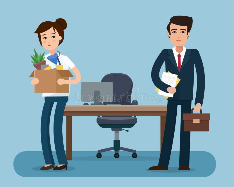 Dismissed office worker with box with office things. royalty free illustration