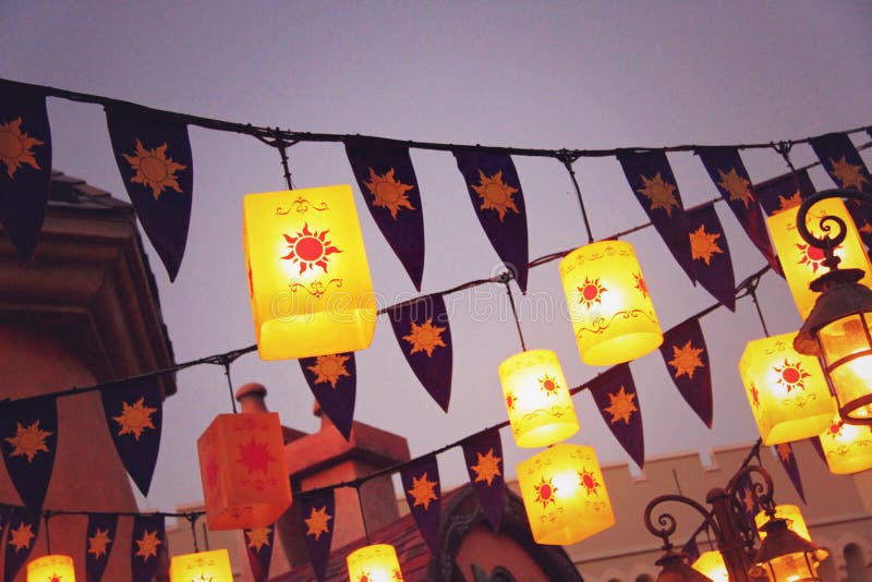 Lanterns and Bunting Strung Above Courtyard Square