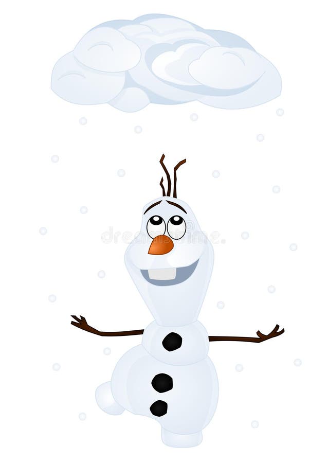 Disney vector illustration of Olaf with snow falling from a cloud above him, isolated on white background, snowman, frozen