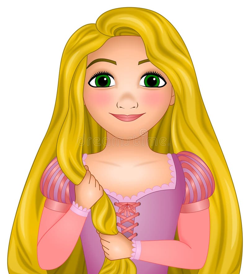 Disneyvektor illustration av Rapunzel, prinsessa disney med mycket långt blont magiskt hår, saga