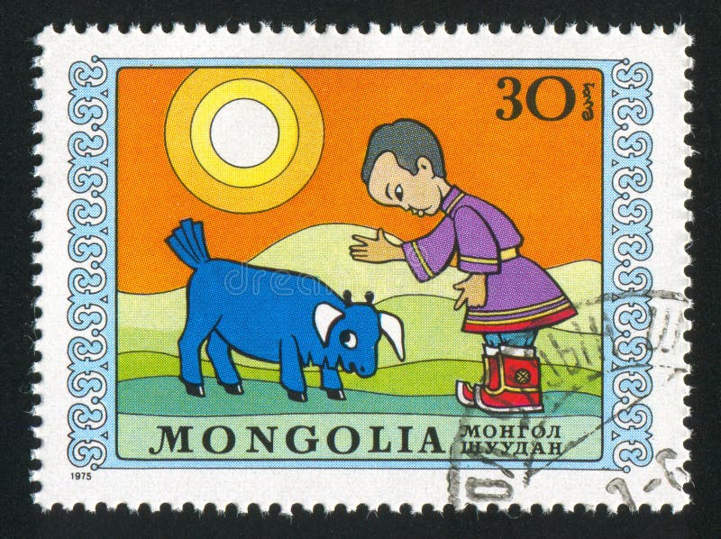 MONGOLIA - CIRCA 1975: stamp printed by Mongolia, shows boy and disobedient bull calf, circa 1975. Kid calf stock images, royalty-free photos and pictures