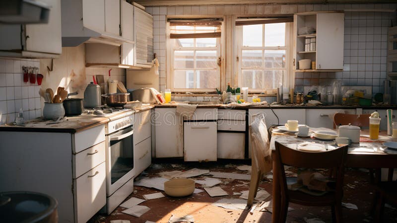 Disorderly Dining, The Unkempt State of a Broken Kitchen, Mess and Disarray, Generative AI stock illustration