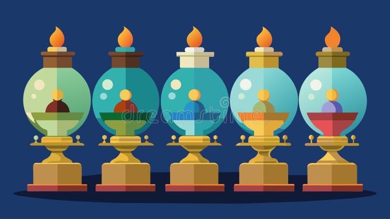 A display of antique glass oil lamps each one with an intricate base and colorful globe.. Vector illustration.