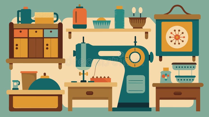 A display of antique sewing machines and sewing boxes showcasing the tools and storage ods of yesteryear.. Vector vector illustration