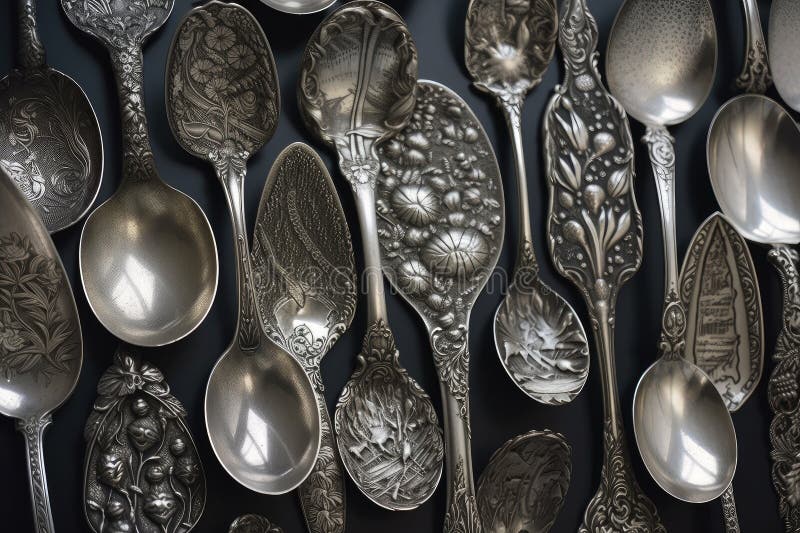 Display of antique silver spoons, with each one featuring different design and pattern, created with generative ai