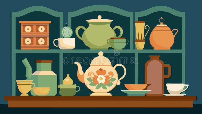 A display of antique tea sets and china showcasing the shops unique and eclectic finds.. Vector illustration.