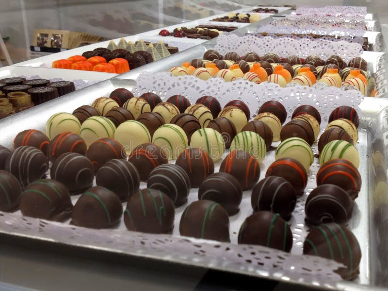 Assorted Gourmet Chocolates Display stock photos