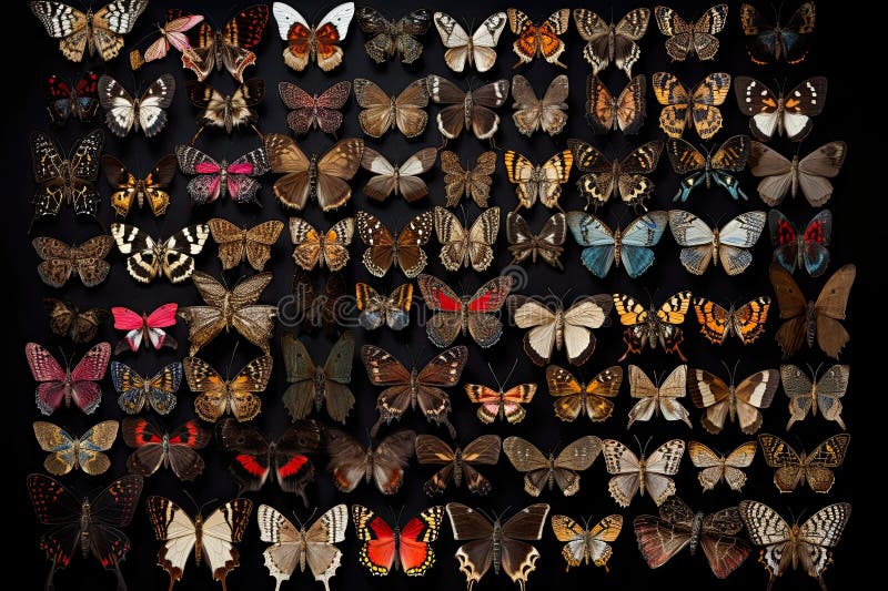 A display of butterflies and moths on a wall. Generative Ai stock illustration