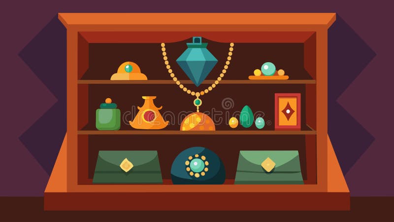 A display case catches your eye filled with delicate antique jewelry and trinkets each one with its own hint of mystery vector illustration