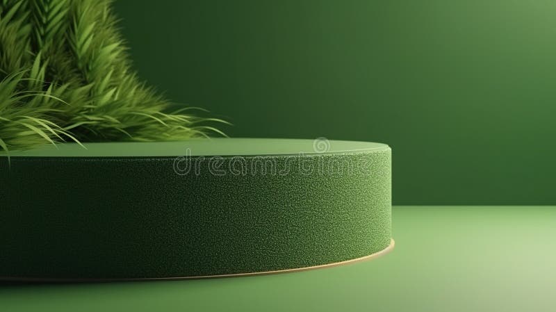 Display minimal cylindrical podium covered with grass in green background. Generative AI