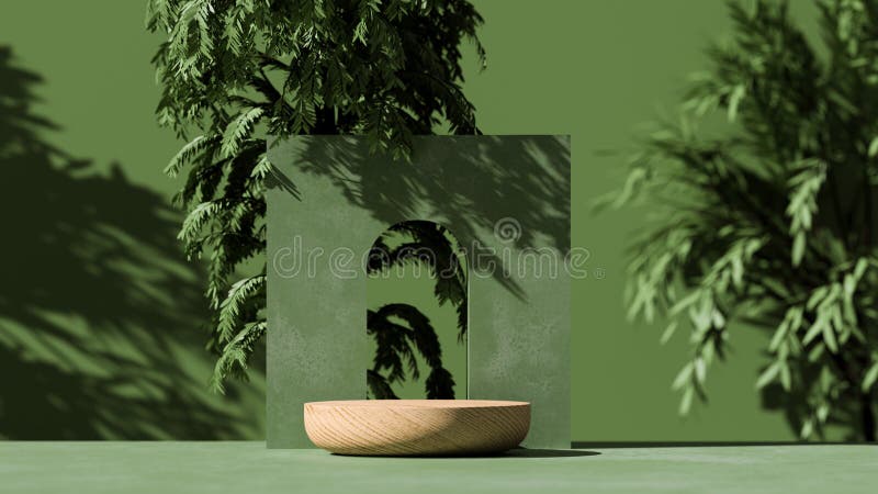 Display di podio in legno 3d con ombra in foglia. sfondo verde spazio di copia. parodia per la promozione di cosmetici o prodotti