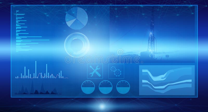 Display on the display of the processes of drilling an oil well during field exploration. Process control and data processing usin stock image