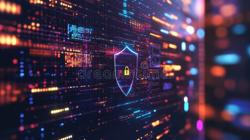 The display features a colorful shield and lock icon, representing digital security and the importance of safeguarding royalty free stock images