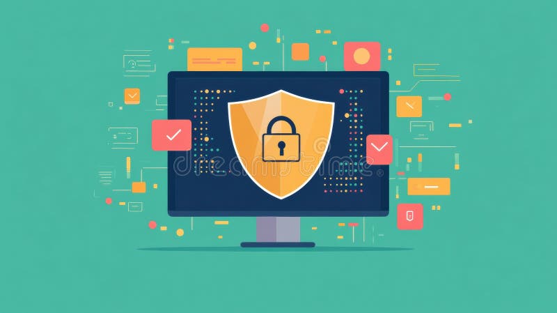 The display features a shield and lock icon, representing robust internet security while users engage in online tasks stock photos